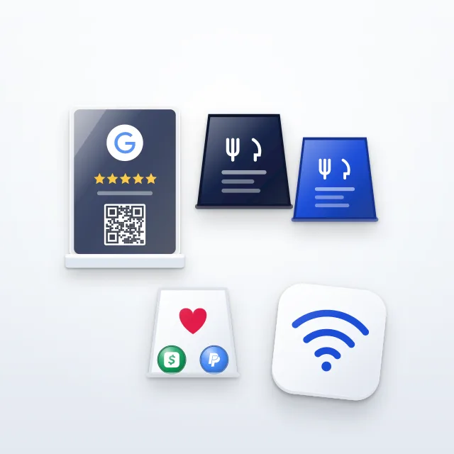 A review stand, two menu table tents, a tip tent and a Wi-Fi sticker